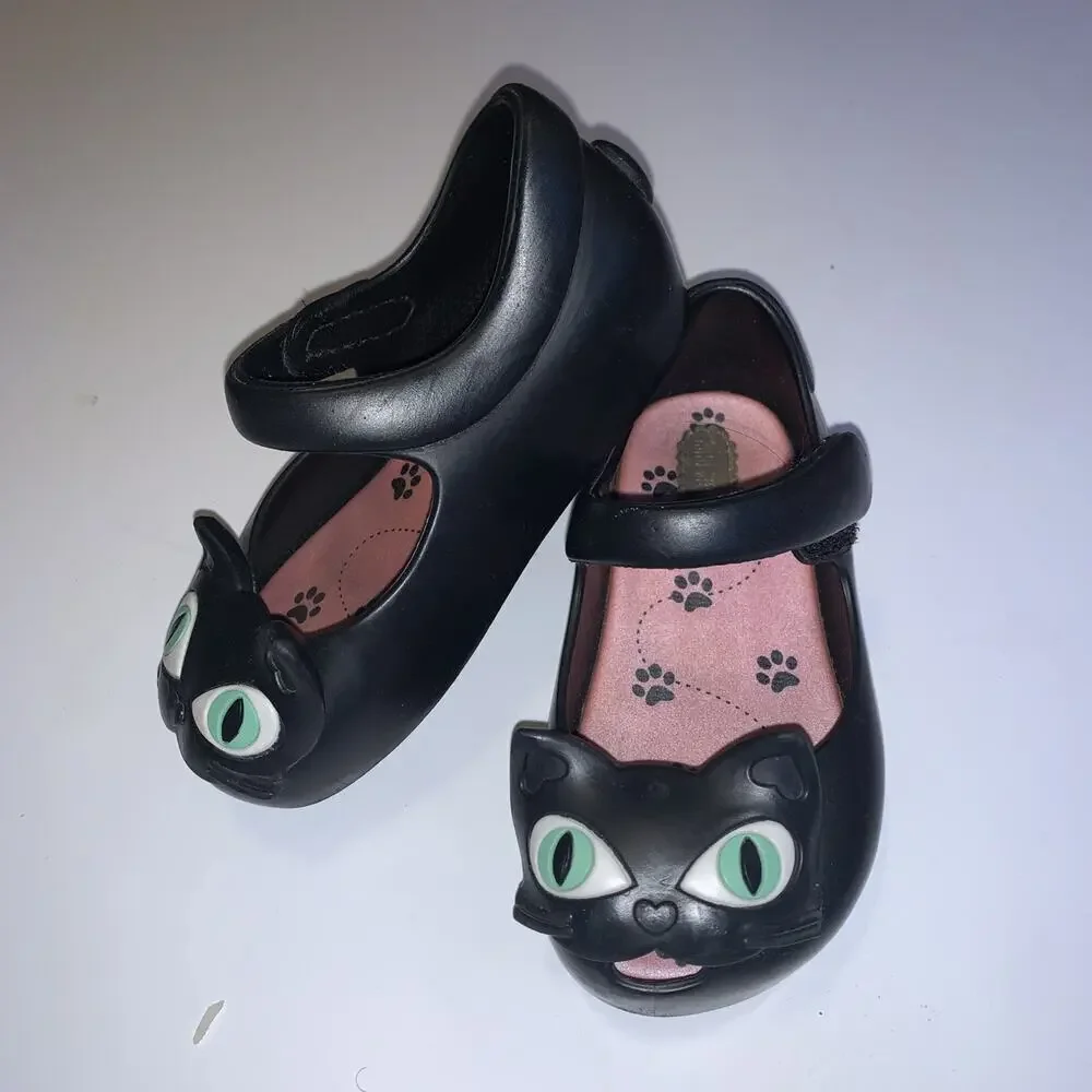 Mini Melissa Black Cat Mary Jane Shoes Size 6 Baby Girls Toddler